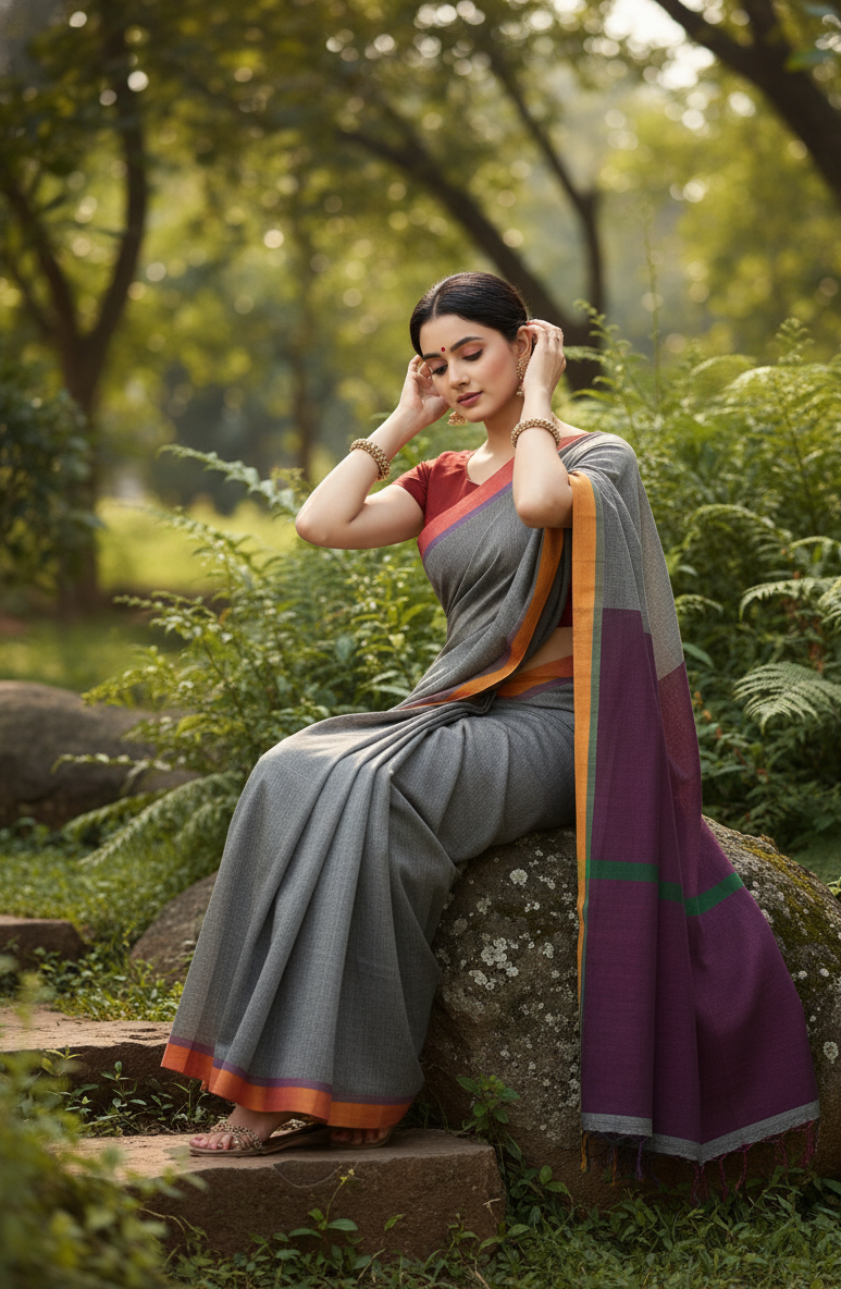 Grey Saree With Purple Pallu