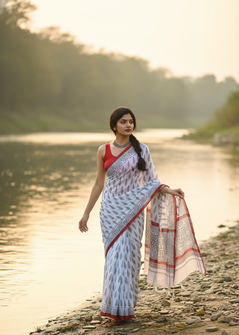 White Printed Saree