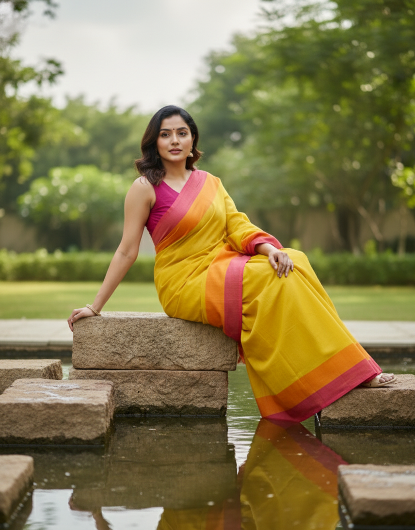 Yellow & Pink Saree Handloom Saree