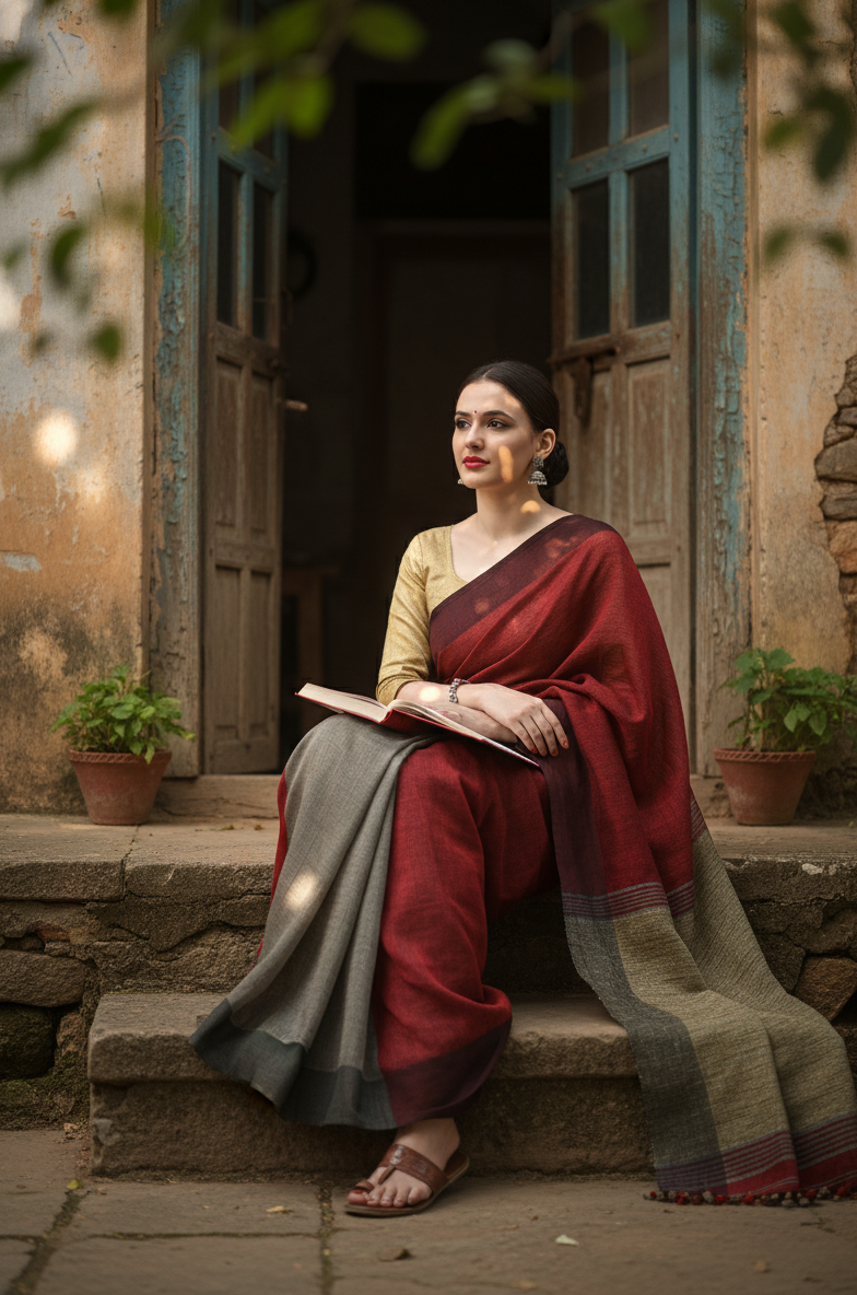Red Linen Saree