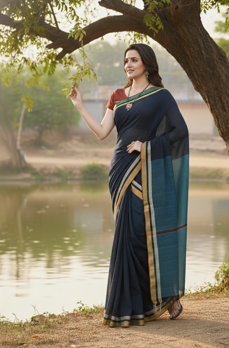 Navy Blue Cotton Saree