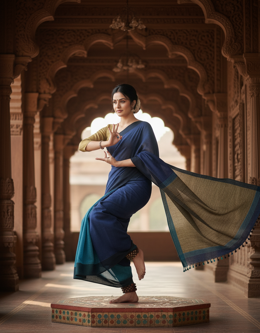 Blue Linen Saree