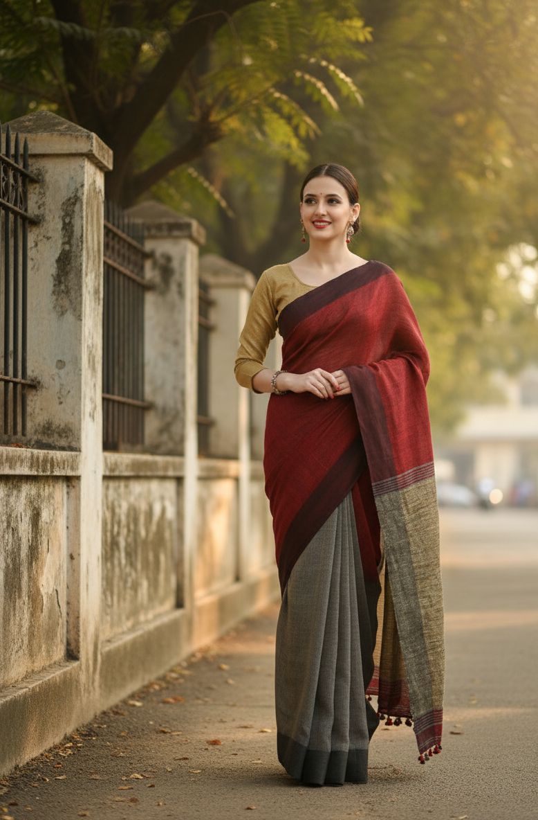 Red Linen Saree