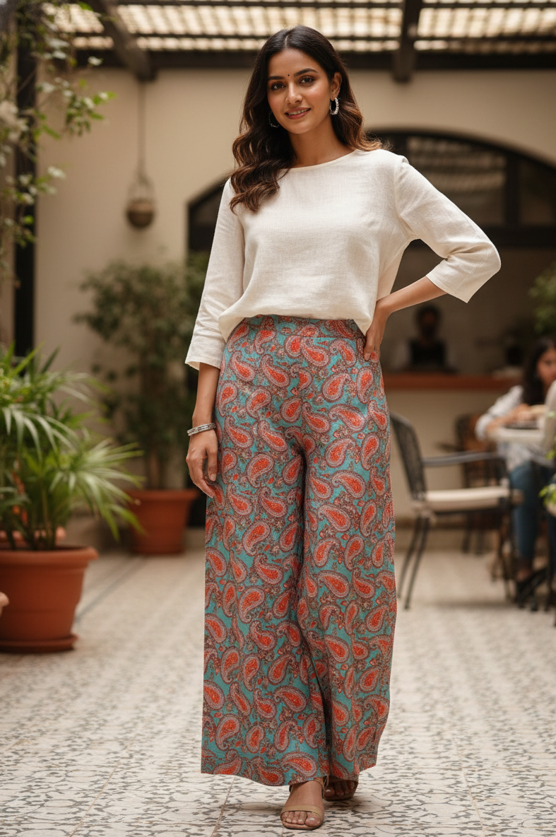 Printed Plazzo blue & red