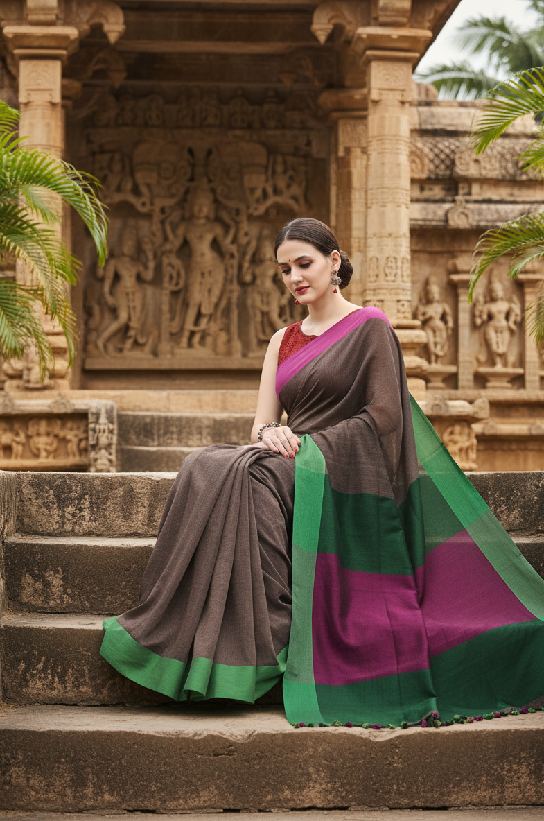 Grey Saree with Pink & Green Pallu
