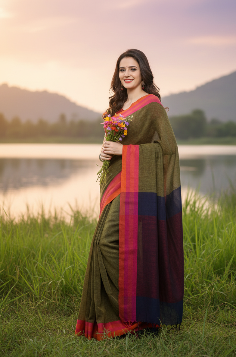 Mehendi Green Cotton Saree Blue & Purple Pallu