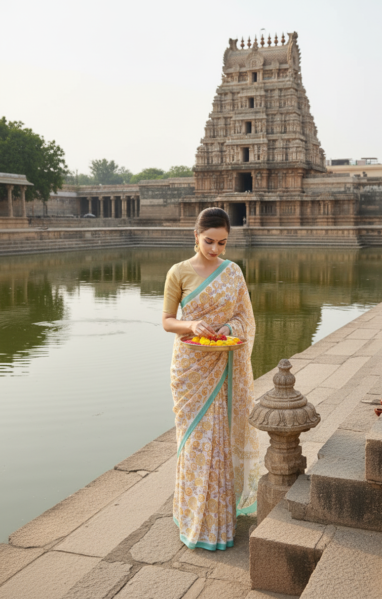 White Printed Saree blue