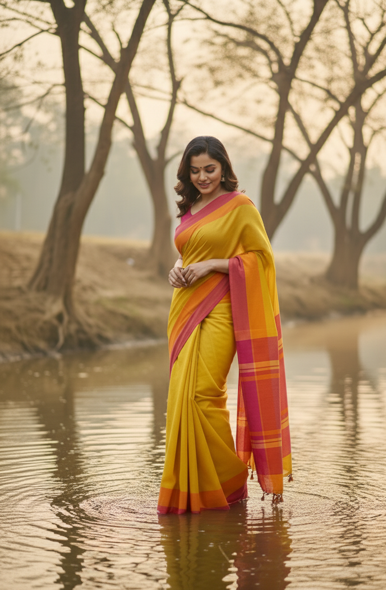 Yellow & Pink Saree Handloom Saree