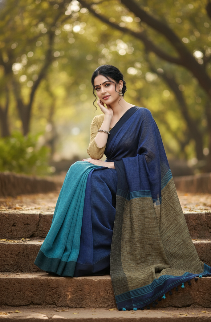 Blue Linen Saree