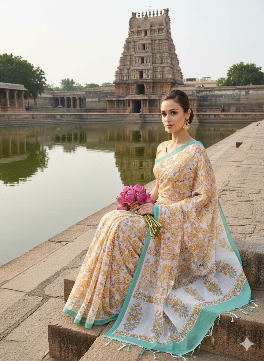 White Printed Saree blue