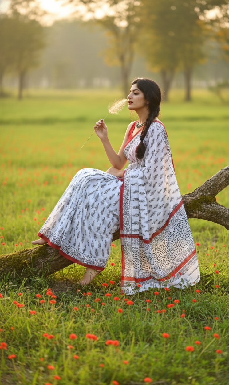 White Printed Saree