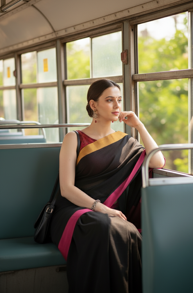 Black Saree Pink Border