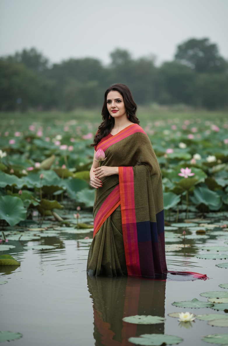 Mehendi Green Cotton Saree Blue & Purple Pallu