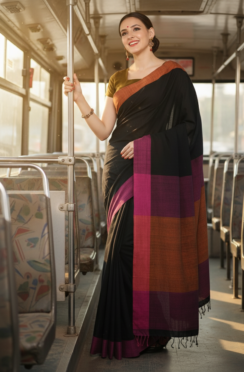 Black Saree Pink Border