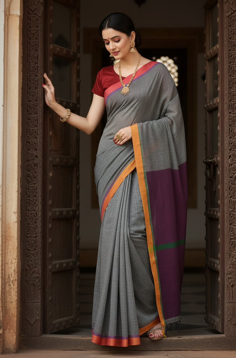 Grey Saree With Purple Pallu