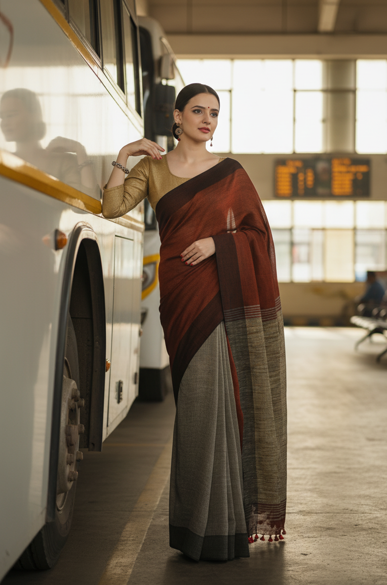 Rust Linen Saree